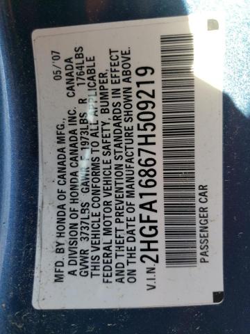 Photo 10 from auction – 2007 HONDA CIVIC EX with VIN 2HGFA16867H509219