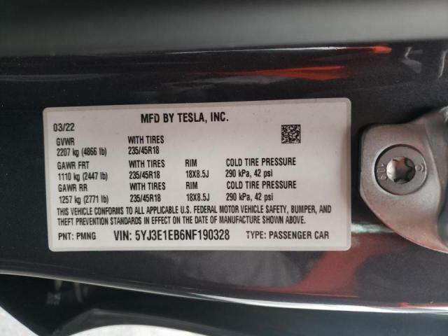 Photo 10 from auction – 2022 TESLA MODEL 3 with VIN 5YJ3E1EB6NF190328