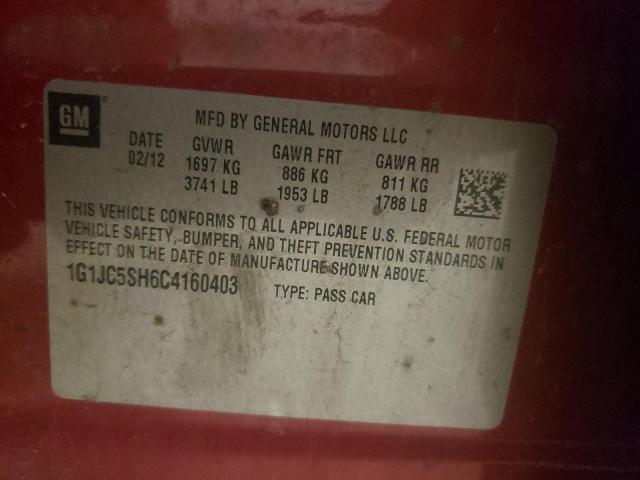 Photo 10 from auction – 2012 CHEVROLET SONIC LT with VIN 1G1JC5SH6C4160403