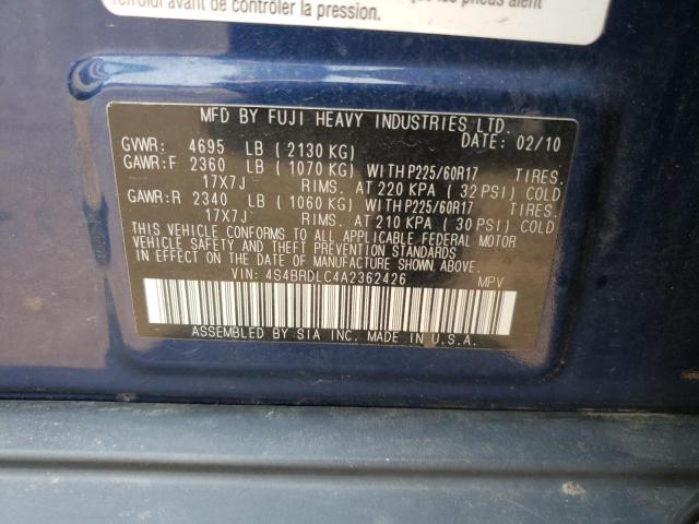 Photo 10 from auction – 2010 SUBARU OUTBACK 3. with VIN 4S4BRDLC4A2362426