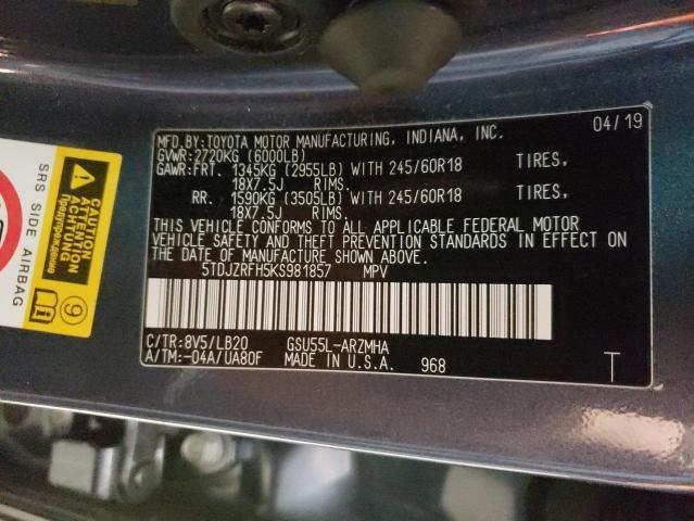 Photo 10 from auction – 2019 TOYOTA HIGHLANDER with VIN 5TDJZRFH5KS981857