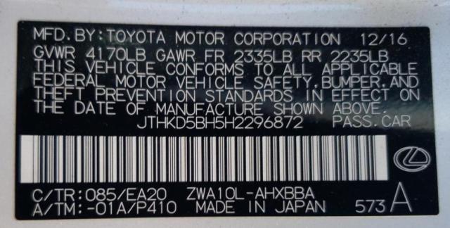 Photo 10 from auction – 2017 LEXUS CT200H with VIN JTHKD5BH5H2296872