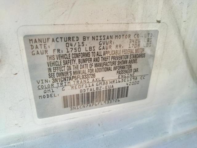 Photo 10 from auction – 2015 NISSAN VERSA S with VIN 3N1CN7AP6FL933726