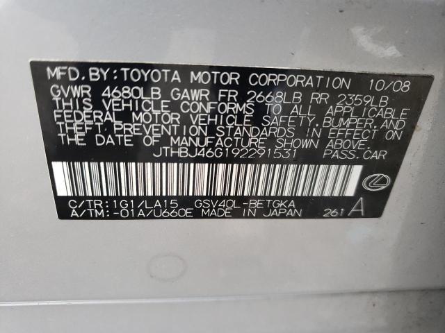 Photo 10 from auction – 2009 LEXUS ES 350 with VIN JTHBJ46G192291531