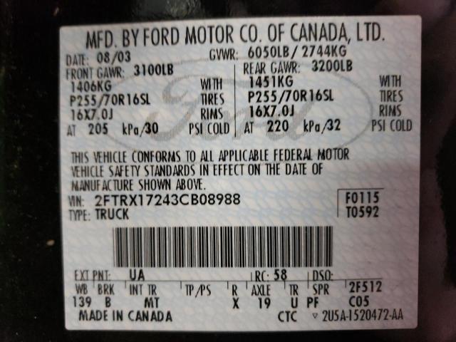Photo 10 from auction – 2003 FORD F150 with VIN 2FTRX17243CB08988