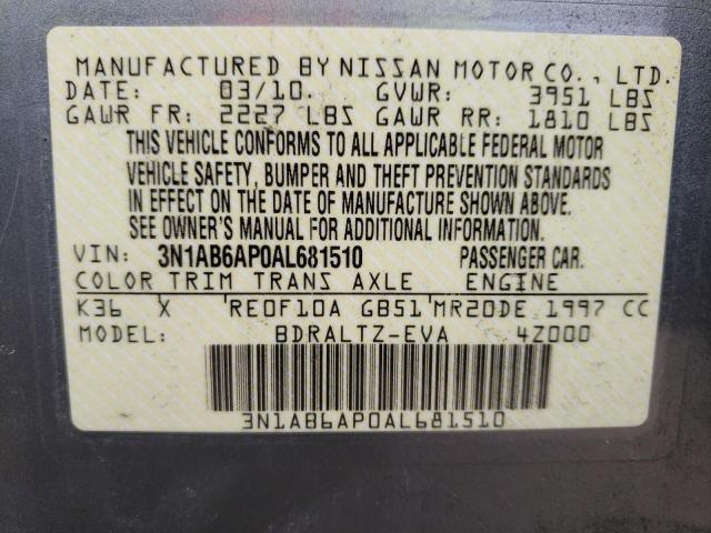 Photo 10 from auction – 2010 NISSAN SENTRA with VIN 3N1AB6AP0AL681510