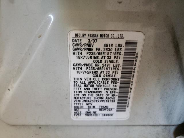 Photo 10 from auction – 2007 NISSAN MURANO SL with VIN JN8AZ08TX7W519139