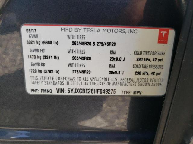 Photo 10 from auction – 2017 TESLA MODEL X with VIN 5YJXCBE26HF049275