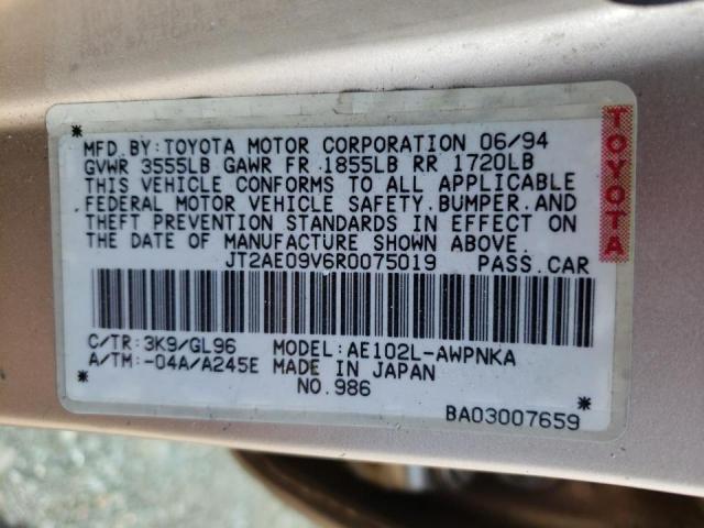 Photo 10 from auction – 1994 TOYOTA COROLLA BA with VIN JT2AE09V6R0075019