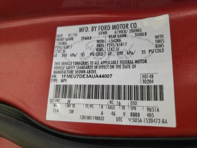 Photo 10 from auction – 2010 FORD EXPLORER X with VIN 1FMEU7DE3AUA44007
