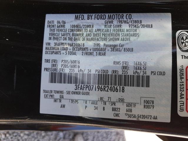 Photo 10 from auction – 2006 FORD FUSION SE with VIN 3FAFP07196R240618