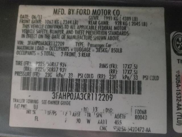 Photo 10 from auction – 2012 FORD FUSION SEL with VIN 3FAHP0JA3CR112209