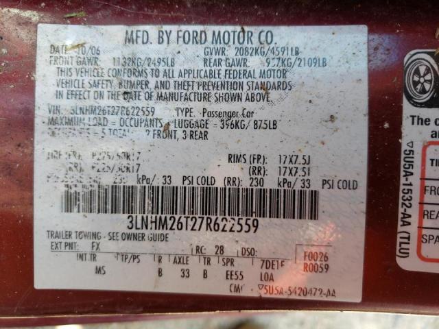 Photo 10 from auction – 2007 LINCOLN MKZ with VIN 3LNHM26T27R622559