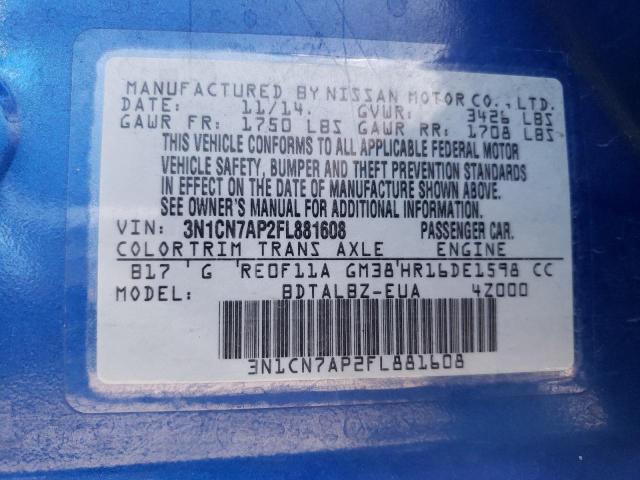 Photo 10 from auction – 2015 NISSAN VERSA S with VIN 3N1CN7AP2FL881608