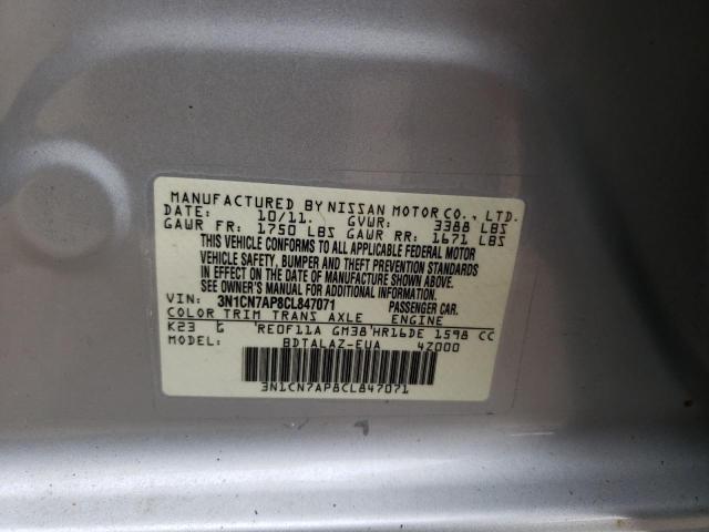 Photo 10 from auction – 2012 NISSAN VERSA S with VIN 3N1CN7AP8CL847071