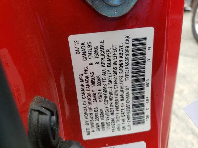 Photo 10 from auction – 2012 HONDA CIVIC with VIN 2HGFG3B51CH545707