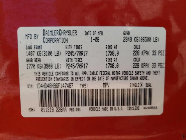 Photo 10 from auction – 2006 DODGE DURANGO SL with VIN 1D4HD48N96F147487