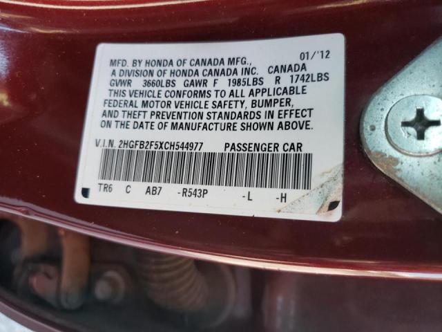 Photo 10 from auction – 2012 HONDA CIVIC LX with VIN 2HGFB2F5XCH544977