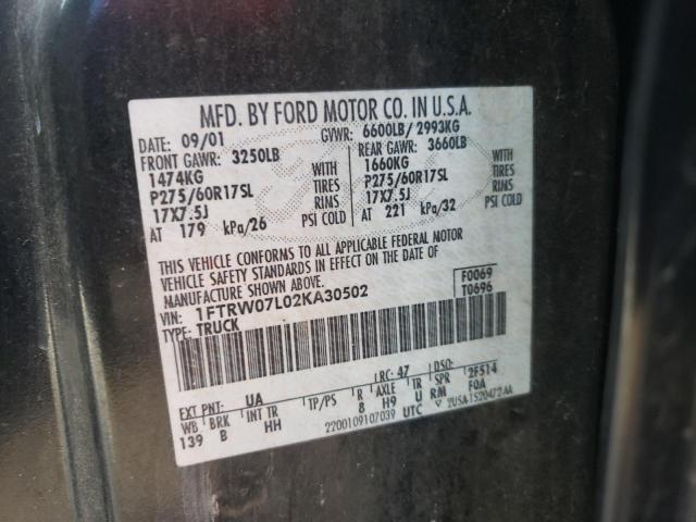 Photo 10 from auction – 2002 FORD F150 SUPER with VIN 1FTRW07L02KA30502