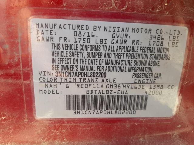 Photo 10 from auction – 2017 NISSAN VERSA S with VIN 3N1CN7AP0HL802200