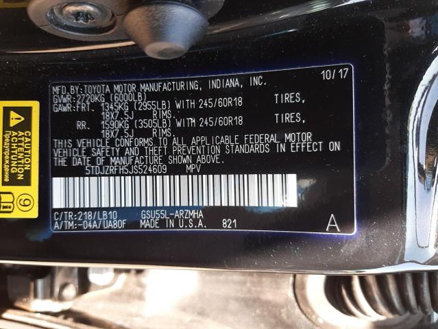 Photo 10 from auction – 2018 TOYOTA HIGHLANDER with VIN 5TDJZRFH5JS524609