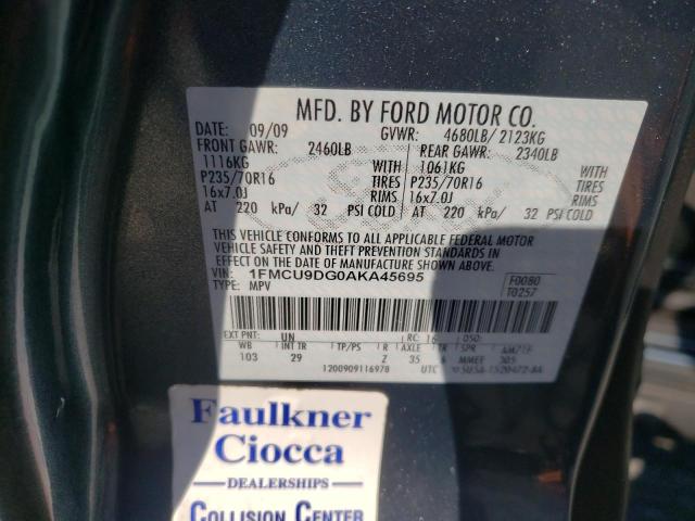 Photo 10 from auction – 2010 FORD ESCAPE XLT with VIN 1FMCU9DG0AKA45695
