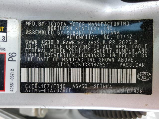 Photo 10 from auction – 2012 TOYOTA CAMRY BASE with VIN 4T4BF1FK0CR187521