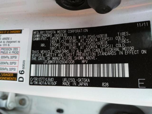 Photo 10 from auction – 2012 LEXUS GX 460 with VIN JTJBM7FX1C5041008