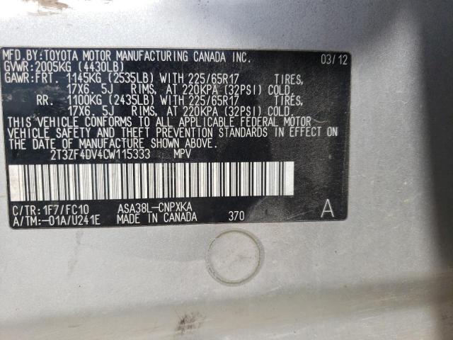 Photo 10 from auction – 2012 TOYOTA RAV4 with VIN 2T3ZF4DV4CW115333