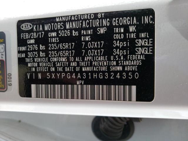 Photo 10 from auction – 2017 KIA SORENTO LX with VIN 5XYPG4A31HG324350