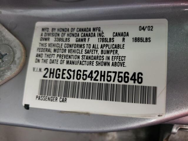 Photo 10 from auction – 2002 HONDA CIVIC LX with VIN 2HGES16542H575646