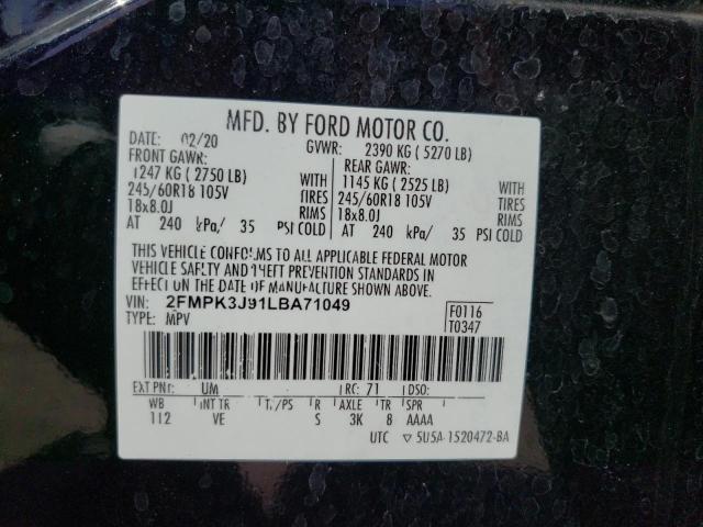 Photo 10 from auction – 2020 FORD EDGE SEL with VIN 2FMPK3J91LBA71049