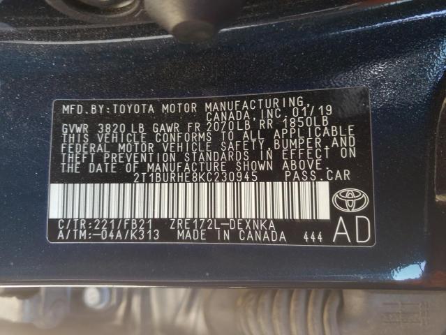 Photo 10 from auction – 2019 TOYOTA COROLLA L with VIN 2T1BURHE8KC230945