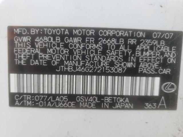 Photo 10 from auction – 2007 LEXUS ES 350 with VIN JTHBJ46G272153087