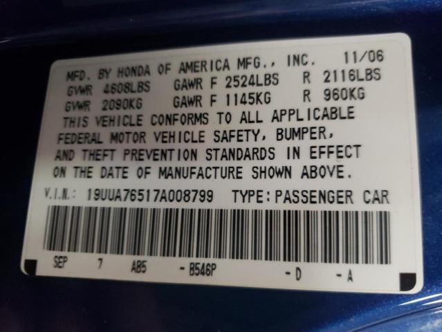 Photo 10 from auction – 2007 ACURA TL TYPE S with VIN 19UUA76517A008799