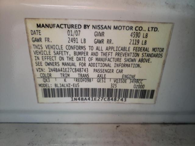 Photo 10 from auction – 2007 NISSAN MAXIMA SE with VIN 1N4BA41E27C848743