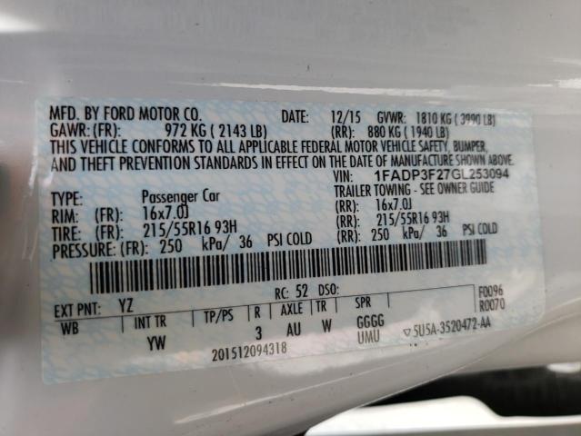 Photo 10 from auction – 2016 FORD FOCUS SE with VIN 1FADP3F27GL253094