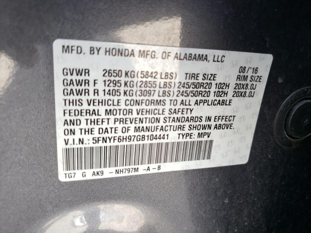 Photo 10 from auction – 2016 HONDA PILOT TOUR with VIN 5FNYF6H97GB104441