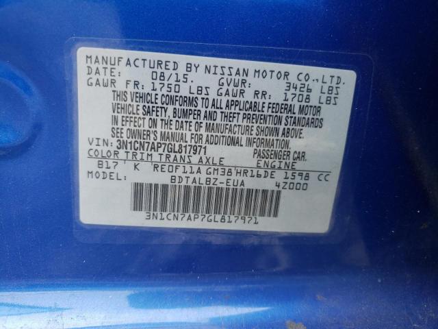 Photo 10 from auction – 2016 NISSAN VERSA S with VIN 3N1CN7AP7GL817971