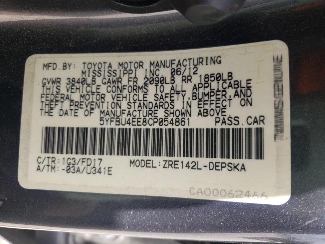 Photo 10 from auction – 2012 TOYOTA COROLLA BA with VIN 5YFBU4EE8CP054861