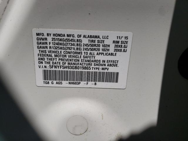 Photo 10 from auction – 2016 HONDA PILOT TOUR with VIN 5FNYF5H93GB019865