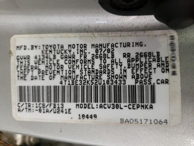 Photo 10 from auction – 2002 TOYOTA CAMRY LE with VIN 4T1BE32K52U103433