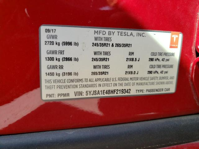 Photo 10 from auction – 2017 TESLA MODEL S with VIN 5YJSA1E48HF219342