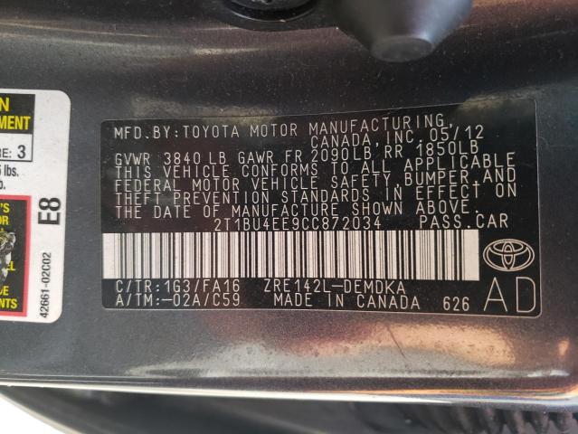 Photo 10 from auction – 2012 TOYOTA COROLLA BA with VIN 2T1BU4EE9CC872034