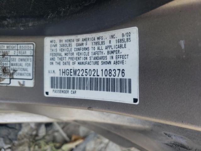 Photo 10 from auction – 2002 HONDA CIVIC LX with VIN 1HGEM22502L108376