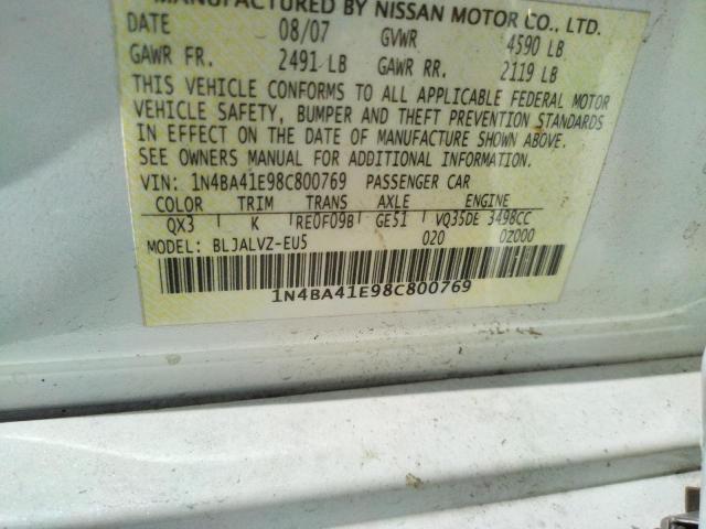 Photo 10 from auction – 2008 NISSAN MAXIMA SE with VIN 1N4BA41E98C800769