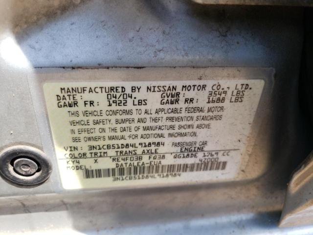 Photo 10 from auction – 2004 NISSAN SENTRA with VIN 3N1CB51D84L918984