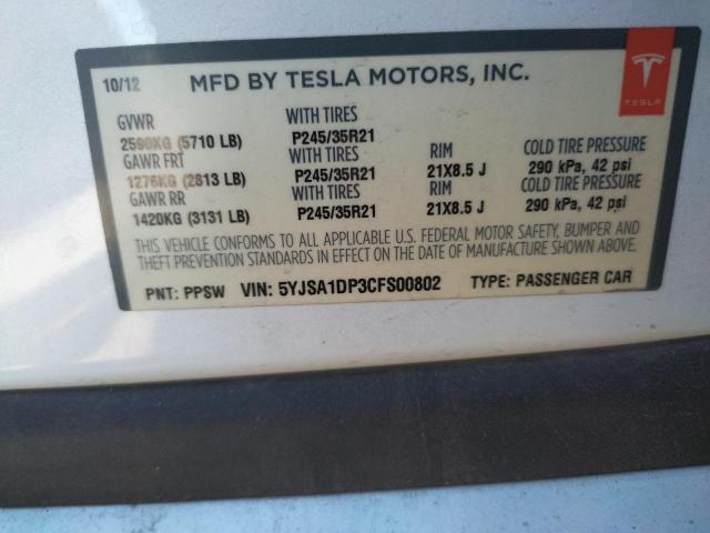 Photo 10 from auction – 2012 TESLA MODEL S with VIN 5YJSA1DP3CFS00802