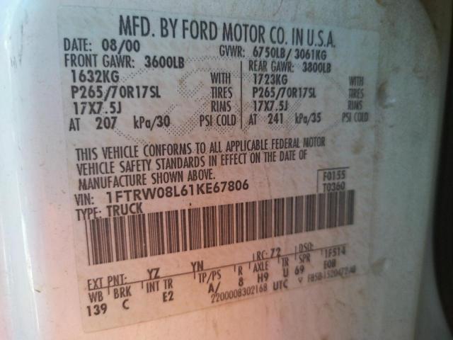 Photo 10 from auction – 2001 FORD F150 SUPER with VIN 1FTRW08L61KE67806
