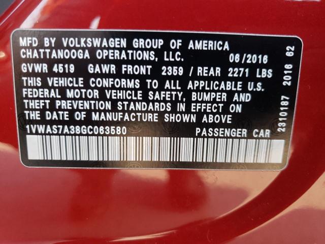 Photo 10 from auction – 2016 VOLKSWAGEN PASSAT S with VIN 1VWAS7A38GC063580